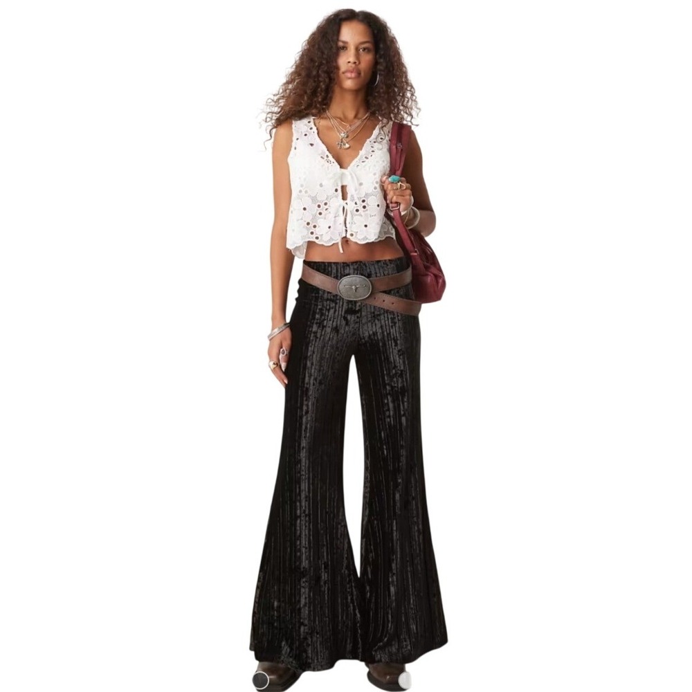 NWT-Zara Black Crushed Velvet Flare Pants High Rise Wide Leg Trousers XL